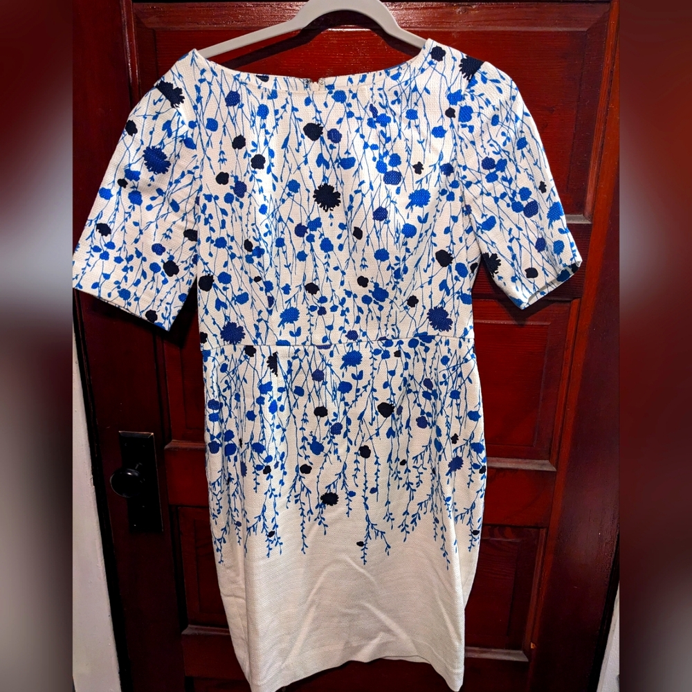 Boden White Midi Dress with Blue Floral Vine Print